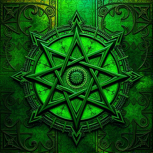 Create a vibrant, detailed illustration of a green alchemical symbol with intricate patterns and textures in the background, using a DSLR camera, aperture f/8, ISO 100, 50mm lens, top-down view, and high dynamic range style to enhance image quality.