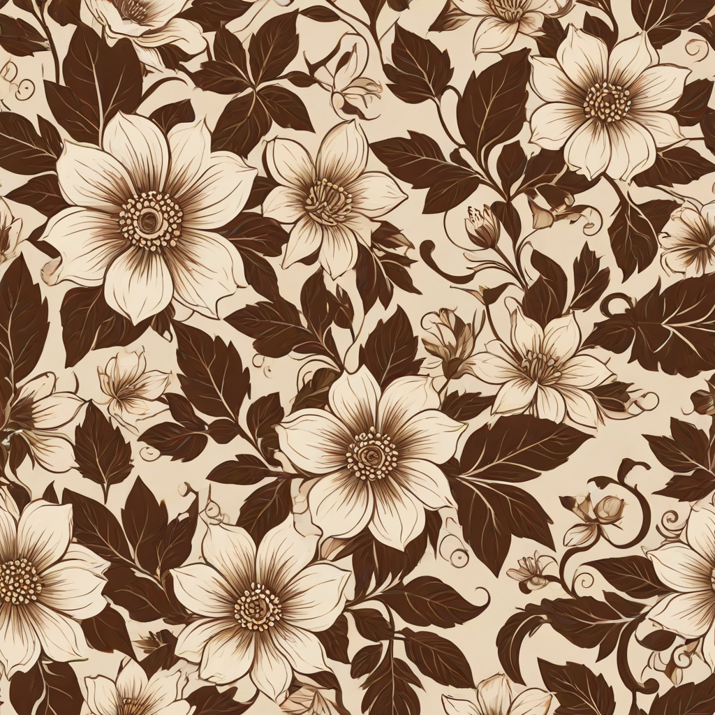 Create a seamless floral pattern featuring large brown and beige flowers with intricate designs, accompanied by smaller flowers and gentle vines on a light beige background.
