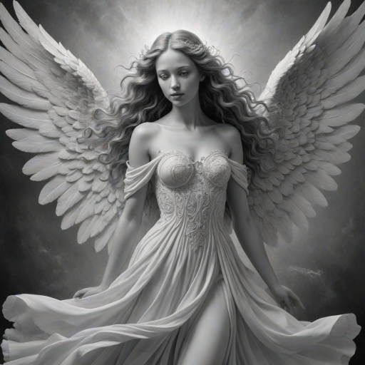 An angel, crafted in the unique style of Folk Art, as she unfolds herself against an ethereal backdrop, her wings softly billowing, face radiating a heavenly glow, every curl in her strikingly serene countenance finely brushed, monochrome, detailed techniques, ultra fine, breathtaking surreal masterpiece