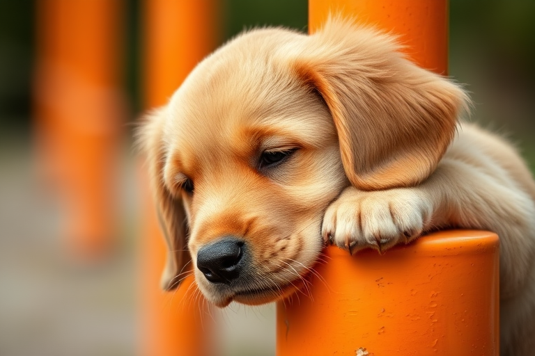 golden retriever puppy resting its head on an orange pole, shallow depth of field, f/2.8, 50mm lens, ISO 200, natural light, DSLR camera, close-up shot