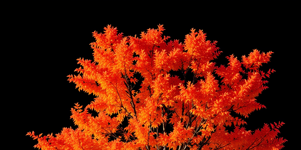 Generate a high-resolution image of a tall autumn tree with vibrant orange leaves against a black background using a DSLR camera with a 50mm lens, aperture f/1.8, ISO 100, and a shallow depth of field for a blurred background effect.