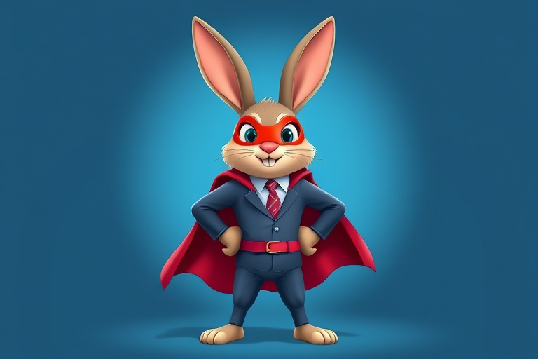 Create an image of a superhero rabbit character standing confidently with a cape and a suit, vibrant colors, cartoon style, front view, ISO 100, f/8, 1/125 sec, using a DSLR camera with a 50mm lens.
