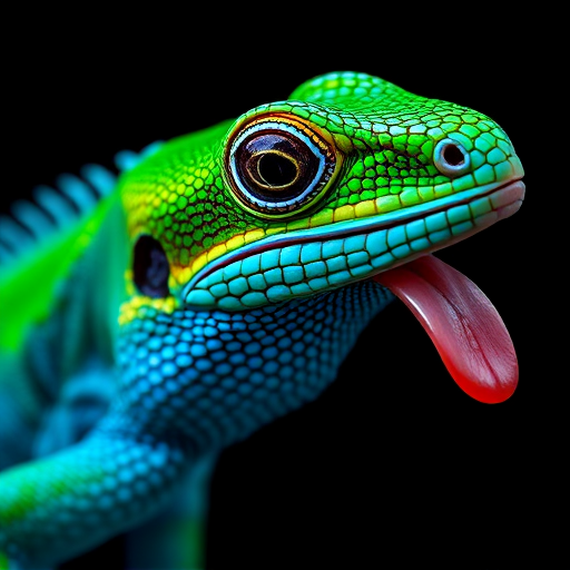 high-resolution close-up of a colorful lizard with vibrant blue and green scales, tongue out, shot with a Canon EOS R5, 85mm lens, aperture f/1.8, shutter speed 1/250 sec, ISO 200, against a black background for dramatic contrast, focus on the eye for detail.