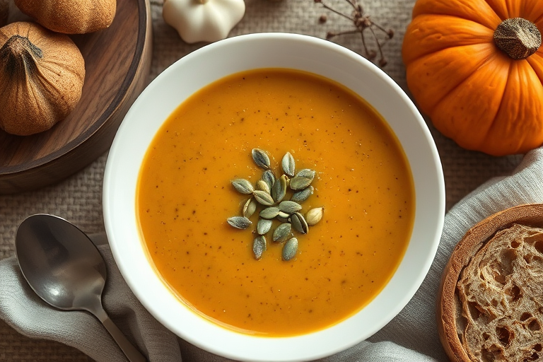 Soup in a white bowl topped with pumpkin seeds, surrounded by rustic wooden decor and bread, captured with a Canon EOS R5, 85mm lens, f/1.8, ISO 100, soft natural light from the side, styled for a cozy, warm atmosphere.