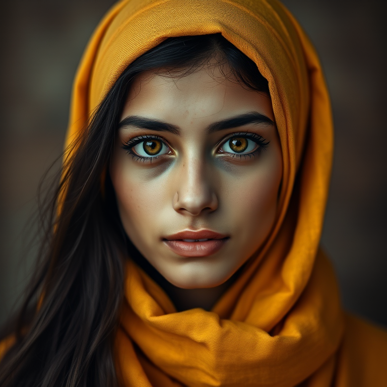 Create a portrait of a young Coptic woman with long, dark hair and captivating hazel eyes. She is wearing a Yellow headscarf and a matching scarf draped gracefully around her neck. The background is softly blurred, focusing attention on her serene and natural expression. The overall color palette is muted and warm, enhancing the intimate and authentic feel of the portrait.