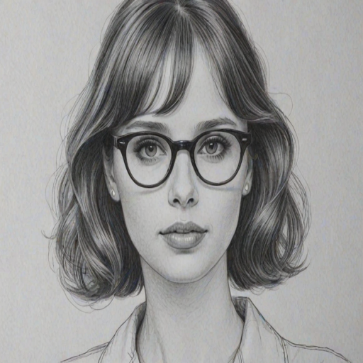 Wonderful Felicity Jones, pencil sketch, portrait of Charming woman 1956s in glasses, hair style beatnik, outline, clear lines, fine lines, 8k
