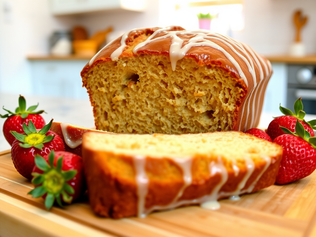 A freshly baked loaf of bread with a glossy icing drizzle sitting on a wooden cutting board accompanied by ripe red strawberries. The loaf is partially sliced to reveal its soft interior, with a bright and inviting kitchen background.