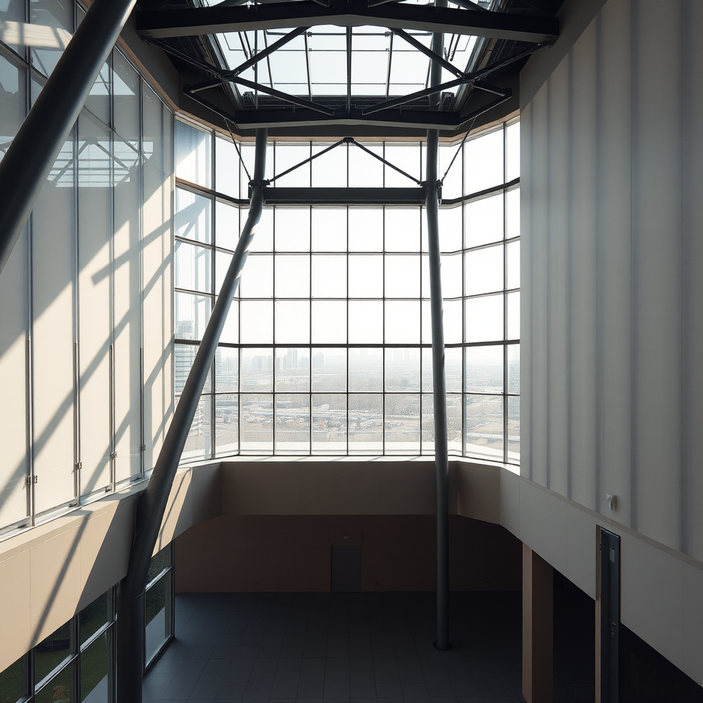 interior of a modern architectural space with large windows and metallic structures, captured with a Canon EOS R5, 24mm lens, aperture f/8, ISO 100, high dynamic range photography, wide-angle view, natural lighting, minimalistic design