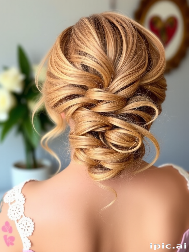 Romantic hair style featuring soft strawberry blonde curls arranged in a low messy bun with wispy face-framing tendrils