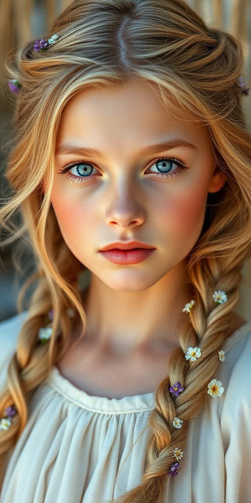 Create an image of a young Kyrgyz woman with long, wavy blonde hair, adorned with small, colorful flowers woven into her braids and loose strands. Her complexion is fair, with soft, glowing skin, and she has light blue eyes that gaze softly at the viewer. She wears a light, flowing dress with a gentle, ethereal quality, complementing her delicate and serene appearance. The background is slightly blurred, drawing focus to her tranquil expression and the intricate details of the flowers in her hair. The overall mood of the image is one of natural beauty and grace, evoking a sense of peacefulness and connection with nature.
