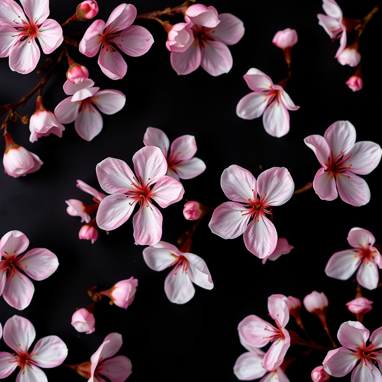 Create a high-resolution floral pattern featuring cherry blossoms in shades of pink and white on a dark background, using a DSLR camera with a 50mm lens, aperture set to f/2.8, ISO 100, shot from a flat lay perspective, with natural lighting to enhance color vibrancy and detail.