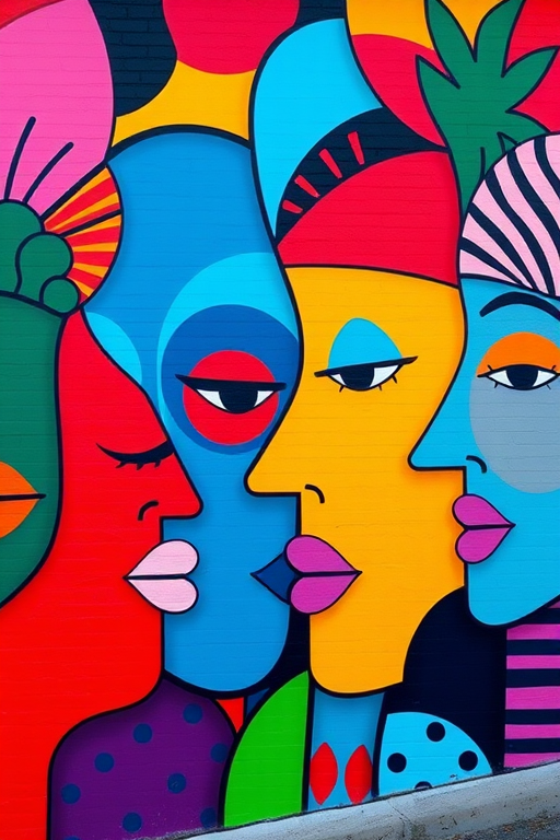 Create a vibrant abstract mural featuring colorful faces and shapes in a variety of bold hues and patterns, shot with a Canon EOS R5 at ISO 100, f/8, 1/125 sec, wide-angle lens, vibrant color profile, studio lighting for enhanced brightness.