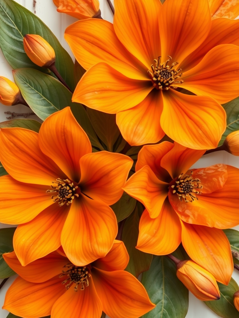 Create an abstract floral design featuring large orange flowers with green leaves and brown accents, using a high-resolution DSLR camera with a 50mm lens, f/1.8 aperture, ISO 100, and natural soft lighting for enhanced color vibrancy and detail.