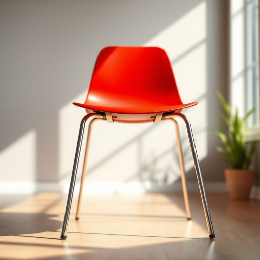 Create a high-resolution illustration of a red chair with sleek metal legs, focused with a shallow depth of field, using a DSLR camera at f/2.8, 50mm lens, capturing in natural lighting for vibrant colors.