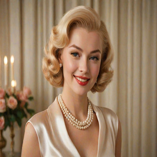 A beautiful woman reminiscent of 1950s Hollywood glamour, with perfectly styled blonde hair and a seductive smile, dressed in a satin blouse and adorned with pearls, soft and warm tones, photorealistic, 8K