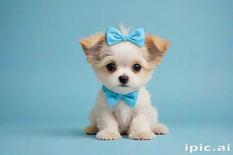 Adorable Puppy with Blue Bow and Bowtie Against a Soft Blue Background