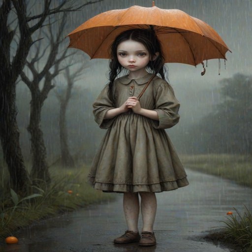An eerie, weird little girl with dark hair in thin pigtails, wearing a smock dress, standing in the rain, holding a dirty orange umbrella, a small, odd creature beside her. In a surreal style inspired by Nicoletta Ceccoli and Brian Froud. Dark fantasy themes