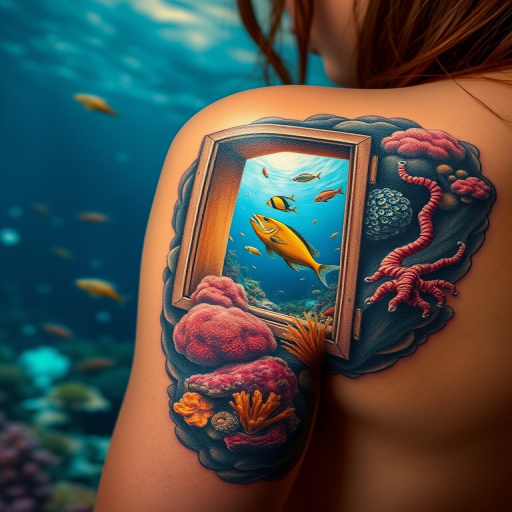 Hyper-realistic 3D tattoo on the shoulder blade, creating the illusion of a window opening to reveal a breathtaking underwater scene with coral reefs and tropical fish