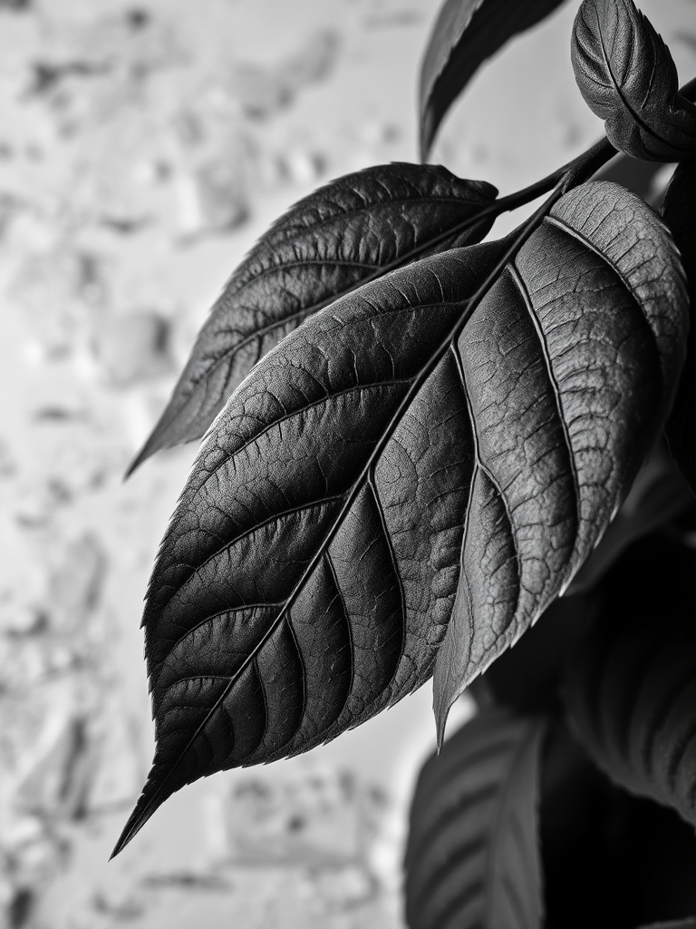 Create a high-resolution monochromatic image of textured leaves against a distressed background, focus on intricate leaf veins, use a DSLR camera with a 50mm lens, aperture f/2.8, ISO 100, and a soft light style for enhanced detail and clarity.