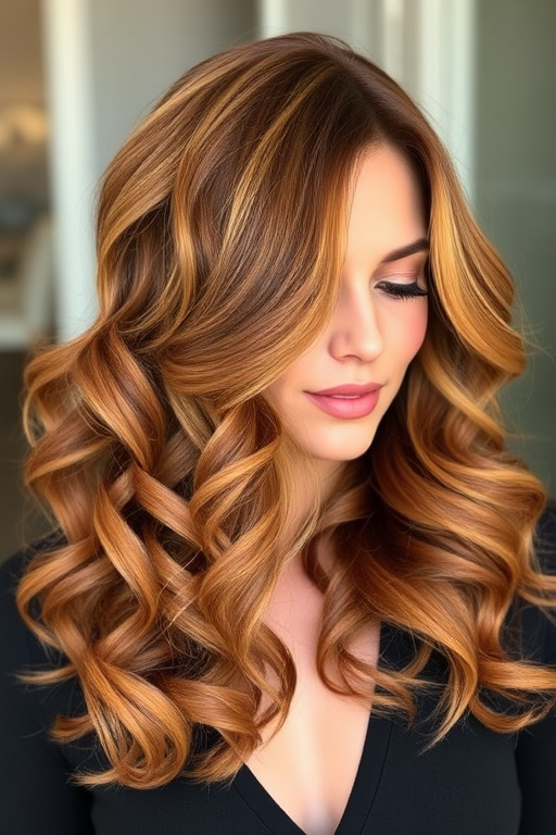 Warm caramel brown hair styled in voluminous, bouncy curls with honey highlights, the Honeycomb Haven style radiates sweet sophistication and natural charm