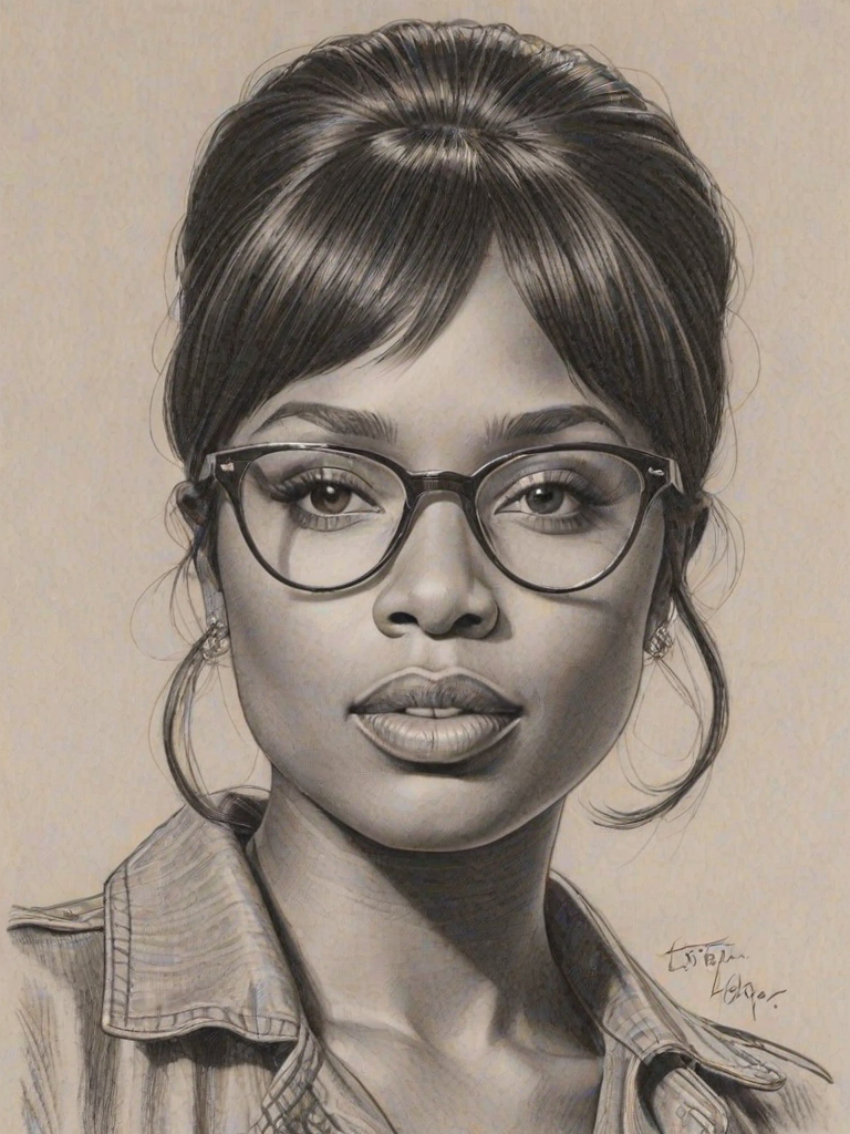 Enticing Jennifer Hudson, pencil sketch, portrait of Lovely woman 1972s in glasses, hair style beatnik, outline, clear lines, fine lines, 8k