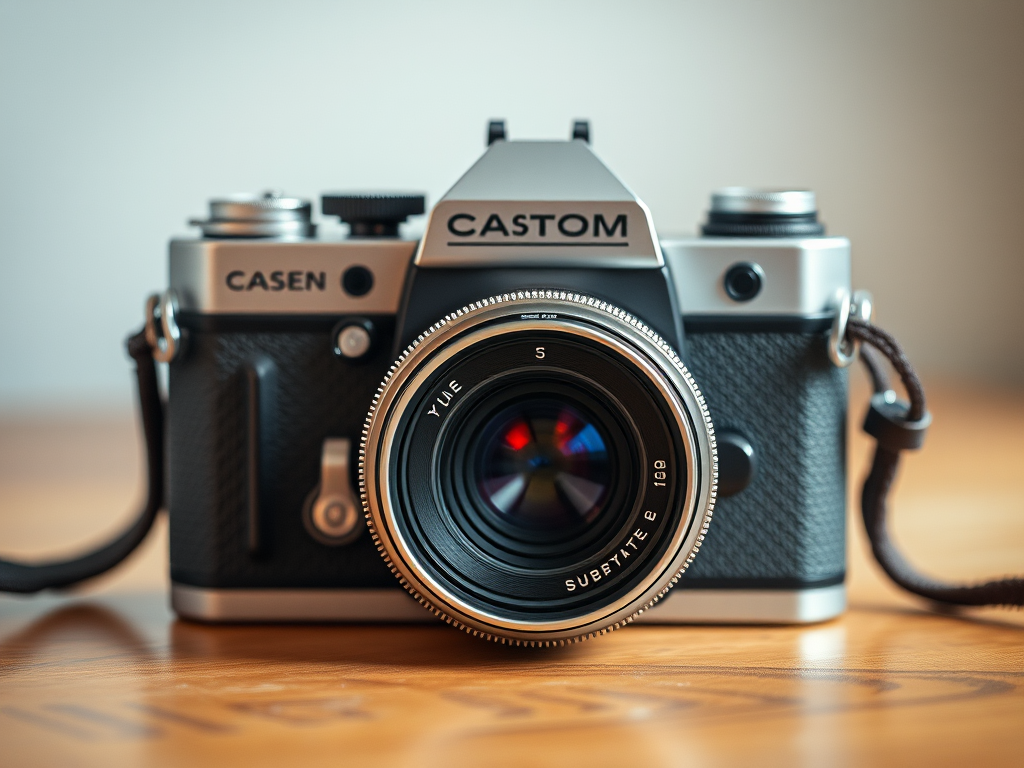 Generate an image of a vintage camera with a sleek design, in high resolution, using a DSLR camera, 50mm lens, f/2.8 aperture, ISO 100, natural lighting, centered view, soft focus on the background, and vibrant colors.