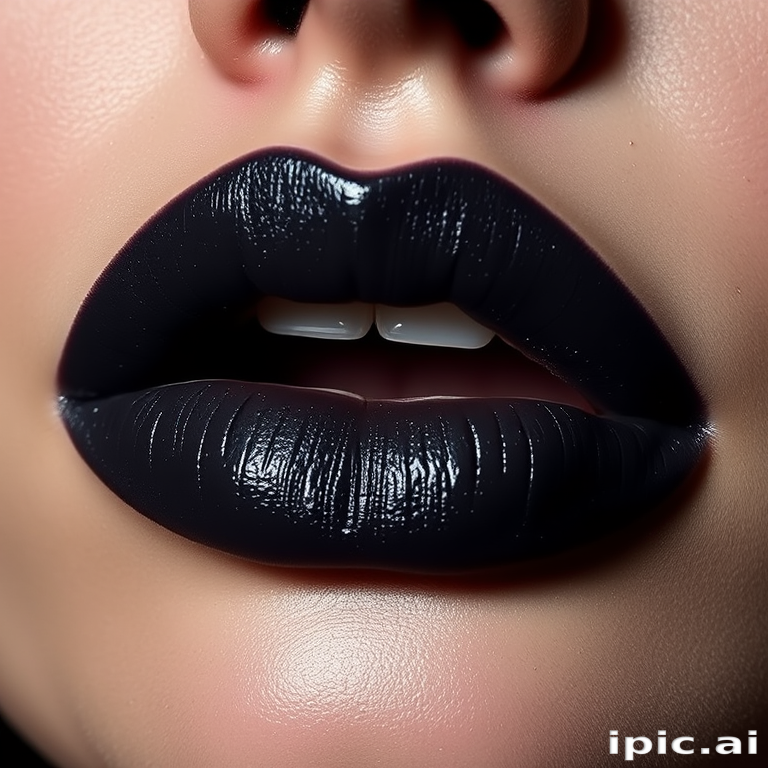 Charcoal gray lips with a smoky gradient effect, named "Midnight Haze," feature a velvety texture and subtle silver sparkle for sultry evening looks and night club scenes
