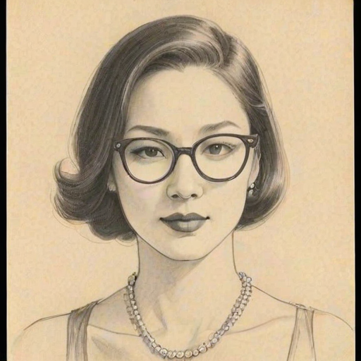 Pleasing Vera Wang, pencil sketch, portrait of Lovely woman 1932s in glasses, hair style beatnik, outline, clear lines, fine lines, 8k