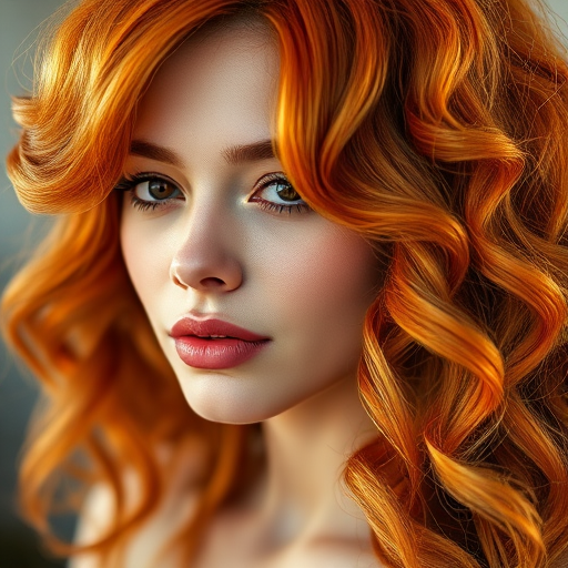 Radiant close-up of a woman with Sunburst Copper tresses, a rich orange-red hue with golden highlights, styled in voluminous vintage waves