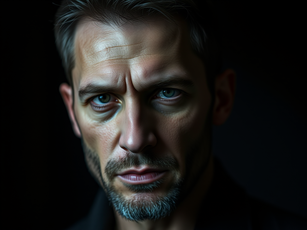 portrait of a man with an intense expression in a dark, moody setting, low-key lighting, sharp focus, 85mm lens, f/1.8 aperture, ISO 200, taken with a full-frame DSLR camera, using a shallow depth of field to isolate the subject from the background, enhancing the dramatic effect