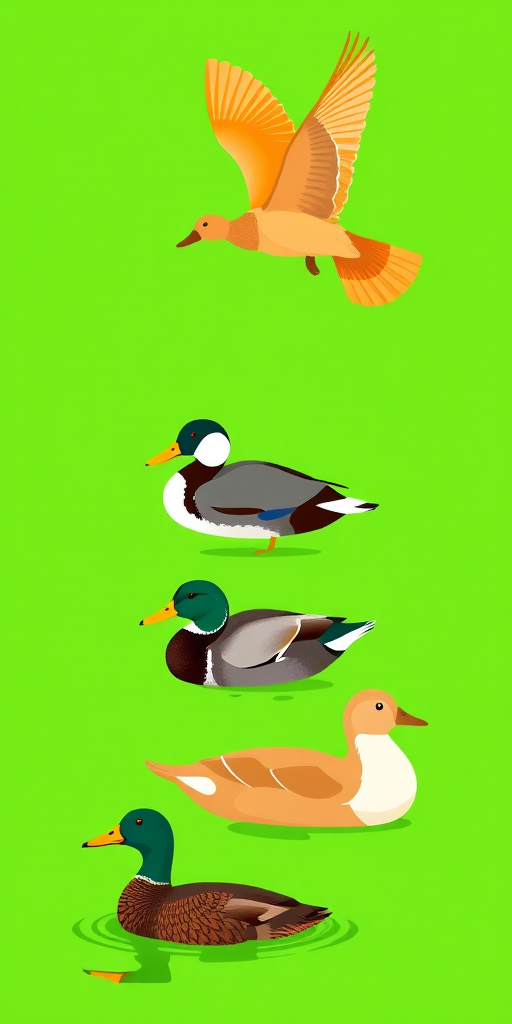 Create a digital illustration of four distinct birds in a flat design style, featuring a flying orange-winged bird in the top left, two ducks in the bottom left, a swimming duck in the bottom right, and a wading bird in the top right, using a bright green background for contrast, digital art type settings with a high resolution of 300 DPI, symmetrical composition and vibrant color palette.