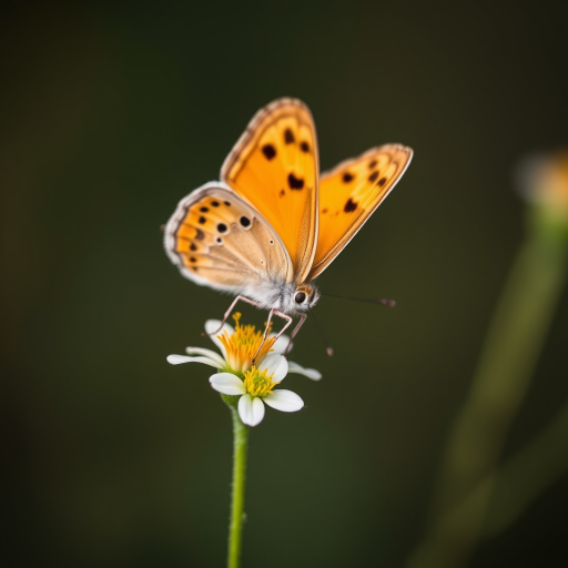 macro photograph of a butterfly perched on a small flower with a blurred background, f/2.8 aperture, ISO 200, 1/100s shutter speed, 100mm lens, taken with a mirrorless camera at eye level for enhanced detail and clarity