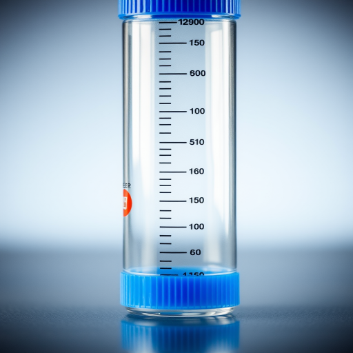 Create a high-resolution image of a clear graduated cylinder with a blue cap, viewed from a slightly elevated angle, using a DSLR camera with a 50mm lens, aperture set to f/2.8, ISO 100, and a soft focus background to enhance detail and clarity.
