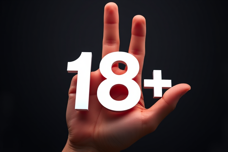 regenerate an image of a raised red hand with the number "18+" prominently displayed in white, use a DSLR camera with a 50mm lens, aperture set to f/2.8, ISO 100, shallow depth of field, front view, high-resolution studio lighting techniques to emphasize colors