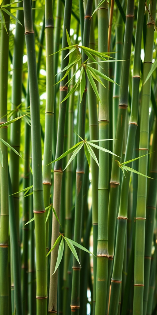 Generate a high-resolution image of vibrant green bamboo with sharp details and a clean background, using a DSLR camera with a 50mm lens, aperture set to f/2.8, ISO 100, and a slight vignette effect for enhanced depth.