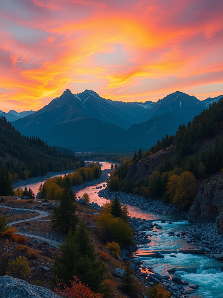 Create a high-resolution image of a scenic landscape during sunset featuring mountains and a river with vibrant colors, captured with a Canon EOS R5, 24mm lens, aperture f/8, ISO 100, shutter speed 1/250s, using a panoramic view to enhance depth and clarity.