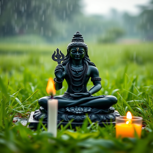 Create a high-resolution image of a black statue of Lord Shiva meditating in a serene landscape with rain softly falling, surrounded by lush green grass and a flickering candle, captured with a DSLR camera at f/1.8 aperture, ISO 200, shutter speed 1/60 seconds, using a shallow depth of field to emphasize the statue while blurring the background.
