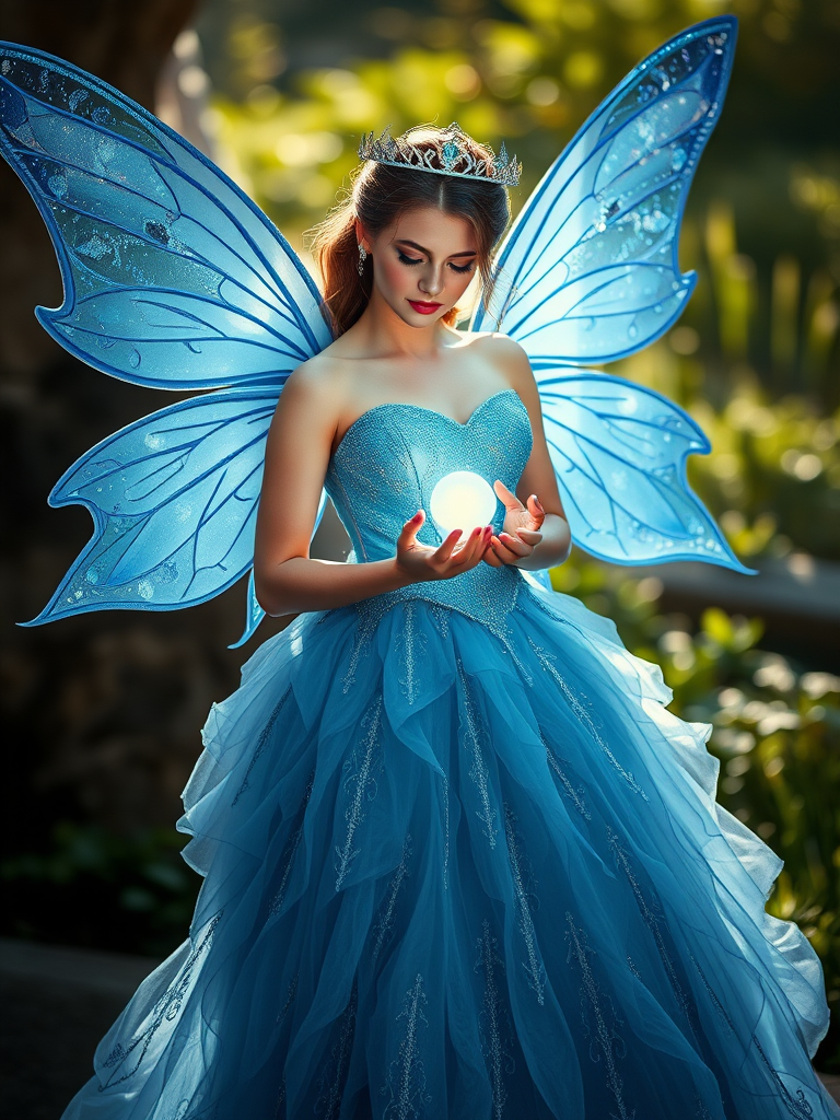 Create an enchanting image of a fairy princess with sparkling wings, wearing a stunning blue gown with intricate details, holding a glowing orb, shot with a Canon EOS R5 at f/1.8, ISO 100, 50mm lens, in soft natural lighting and a shallow depth of field to enhance the ethereal quality.