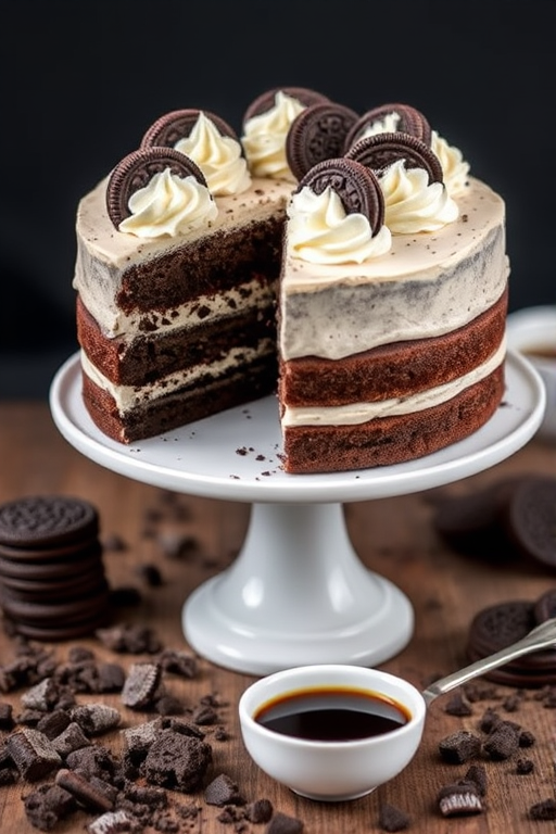 Chocolate cream cake with layers of dark chocolate sponge filled with cookies and cream frosting topped with whipped cream swirls and Oreo cookie halves on a white cake stand with a slice cut out, surrounded by crushed chocolate cookies and a small bowl of coffee.