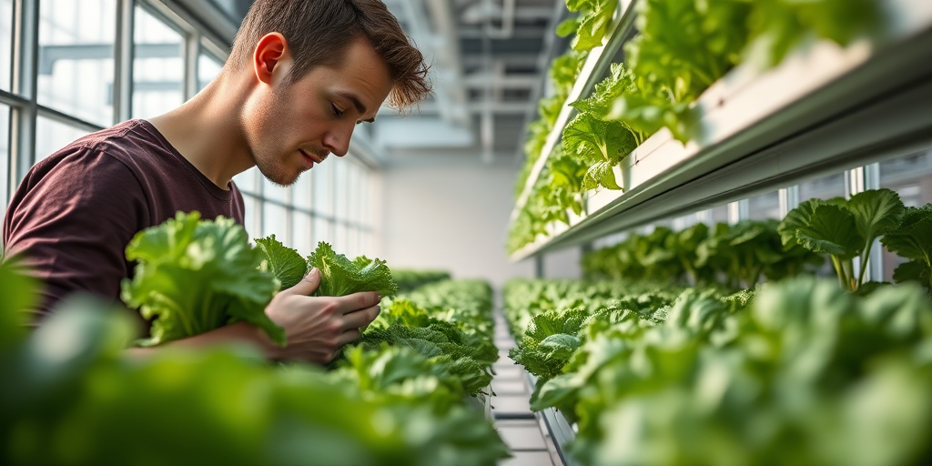 a man inspecting fresh lettuce in a modern indoor vertical farm, soft natural lighting, shallow depth of field, 50mm lens, f/2.8 aperture, ISO 200, shot from a slightly low angle to emphasize the plants and the man's actions, DSLR camera
