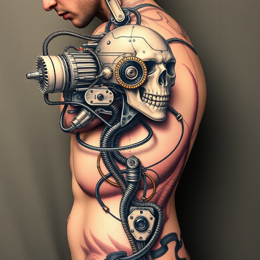 Surrealist biomechanical tattoo titled "Cybernetic Fusion" blending hyperrealistic human anatomy with intricate mechanical components in a harmonious fusion of man and machine