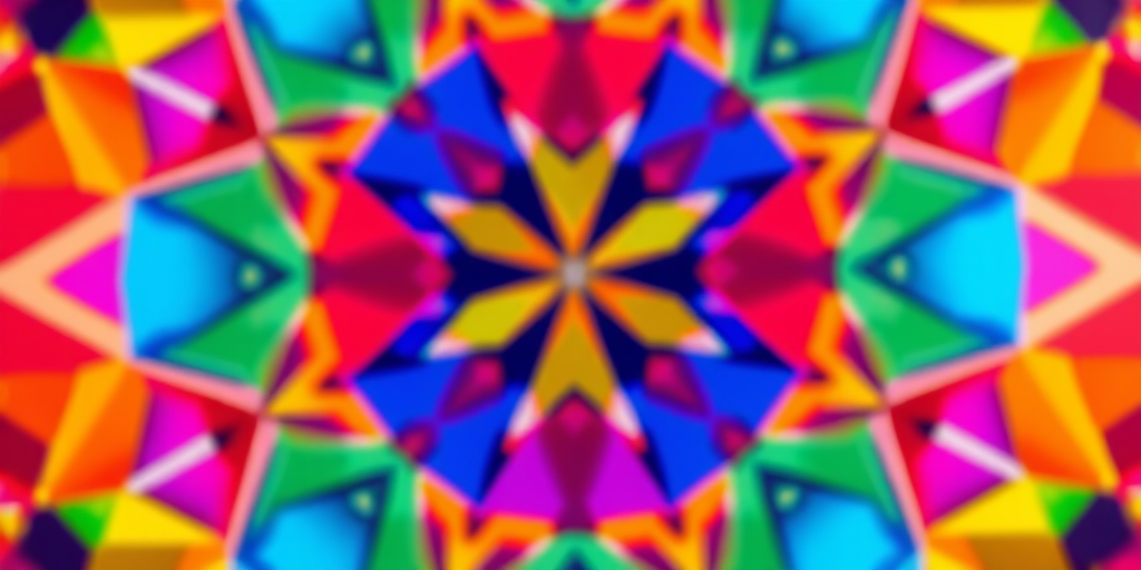 Generate a high-resolution image of an abstract geometric pattern with vibrant colors, using a DSLR camera, 50mm lens, f/1.8 aperture, ISO 100, and a shallow depth of field for a soft background blur, shot from a top-down view.