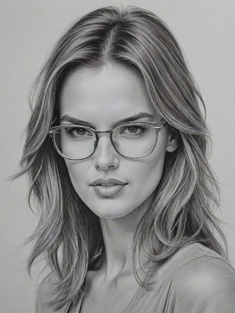 Attractive Alessandra Ambrosio, pencil sketch, portrait of Delightful woman 1973s in glasses, hair style beatnik, outline, clear lines, fine lines, 8k