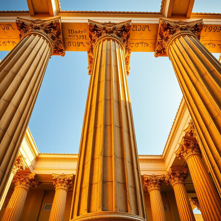 Create a detailed image of a Corinthian column in gold color, using a DSLR camera with a 50mm lens, f/2.8 aperture, ISO 100, and natural lighting, shot from a low-angle perspective to emphasize its height and design.