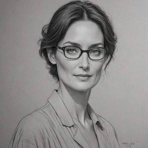 Delightful Carrie-Anne Moss, pencil sketch, portrait of Comely woman 1956s in glasses, hair style beatnik, outline, clear lines, fine lines, 8k