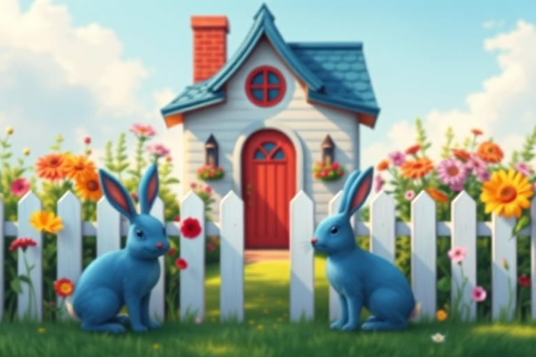 Generate a vibrant illustration of a whimsical house with a blue roof and red door, surrounded by a white picket fence adorned with colorful flowers, featuring a cute blue rabbit in the foreground, captured with a DSLR camera, 50mm lens, f/2.8 aperture, and natural daylight for enhanced clarity and saturation.