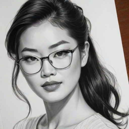 Appealing Arden Cho, pencil sketch, portrait of Dazzling woman 1957s in glasses, hair style beatnik, outline, clear lines, fine lines, 8k