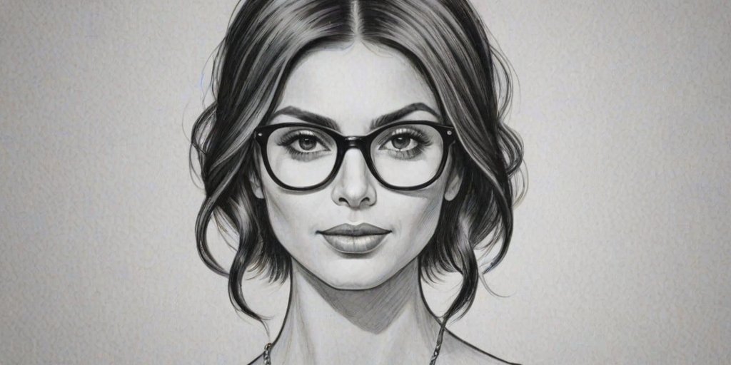 Enchanting Morena Baccarin, pencil sketch, portrait of Sublime woman 1968s in glasses, hair style beatnik, outline, clear lines, fine lines, 8k