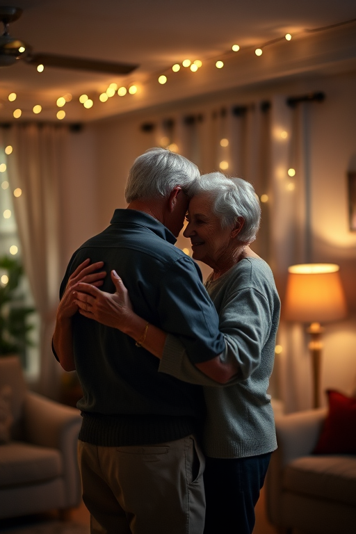 Low-light, intimate photo of an elderly couple dancing in their living room, soft jazz playing in the background, fairy lights strung along the ceiling, the woman resting her head on her partner's shoulder, soft shadows from a nearby lamp casting a warm glow.