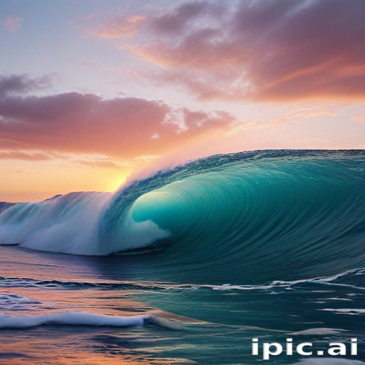 Majestic Ocean Wave Crashing Under a Beautiful Sunset Sky Reflection